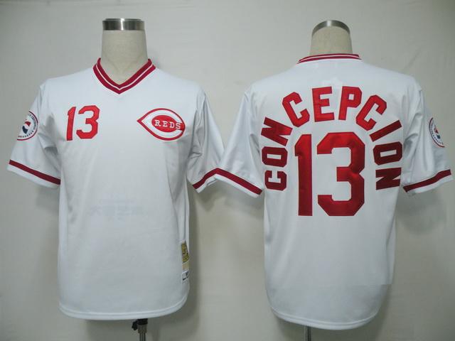 Mitchell and Ness Reds #13 Dave Concepcion White Throwback Stitched MLB Jersey - Click Image to Close